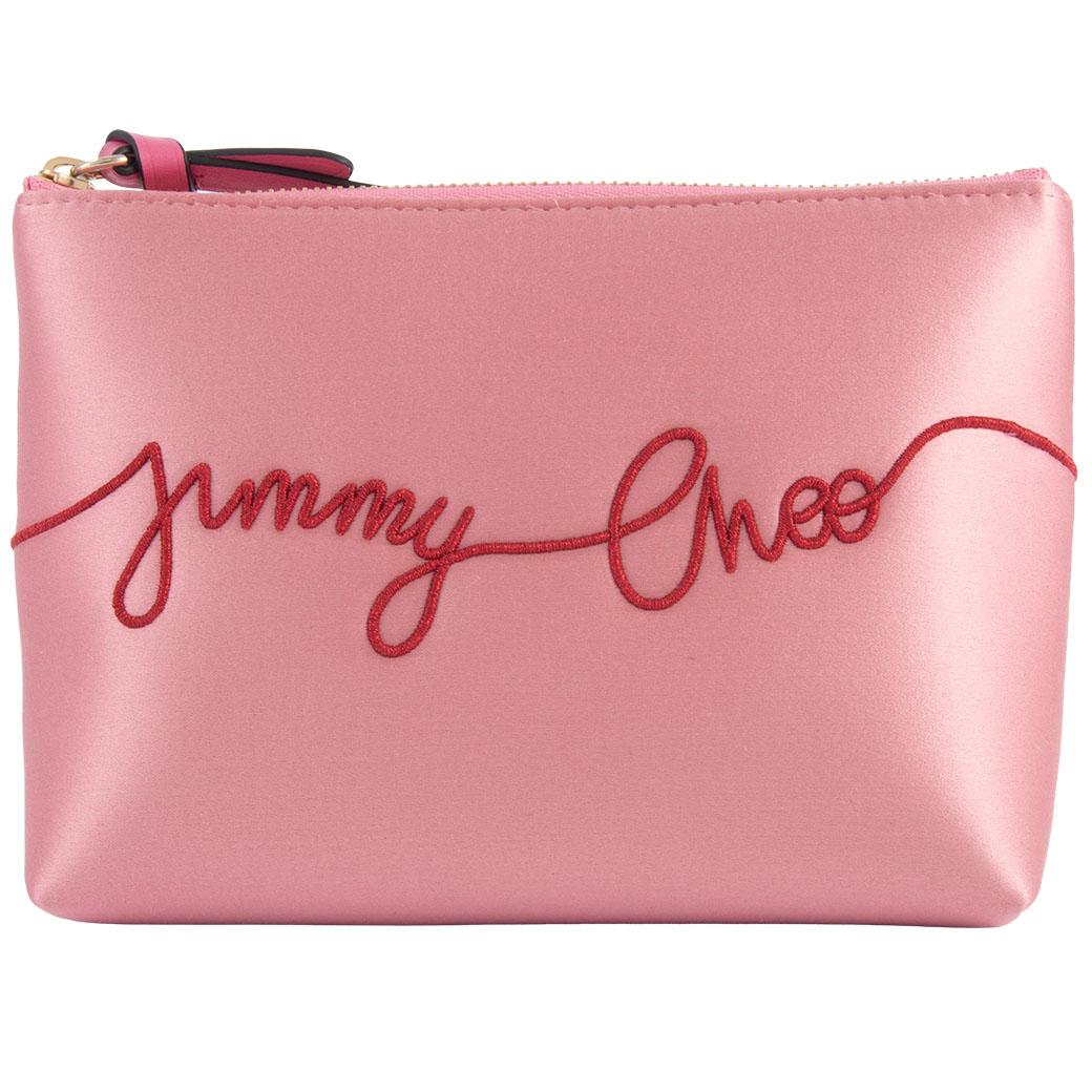 ジミーチュウ JIMMY CHOO ロゴ ポーチ 小物入れ ピンク サテン 小さめ 中古 未使用品