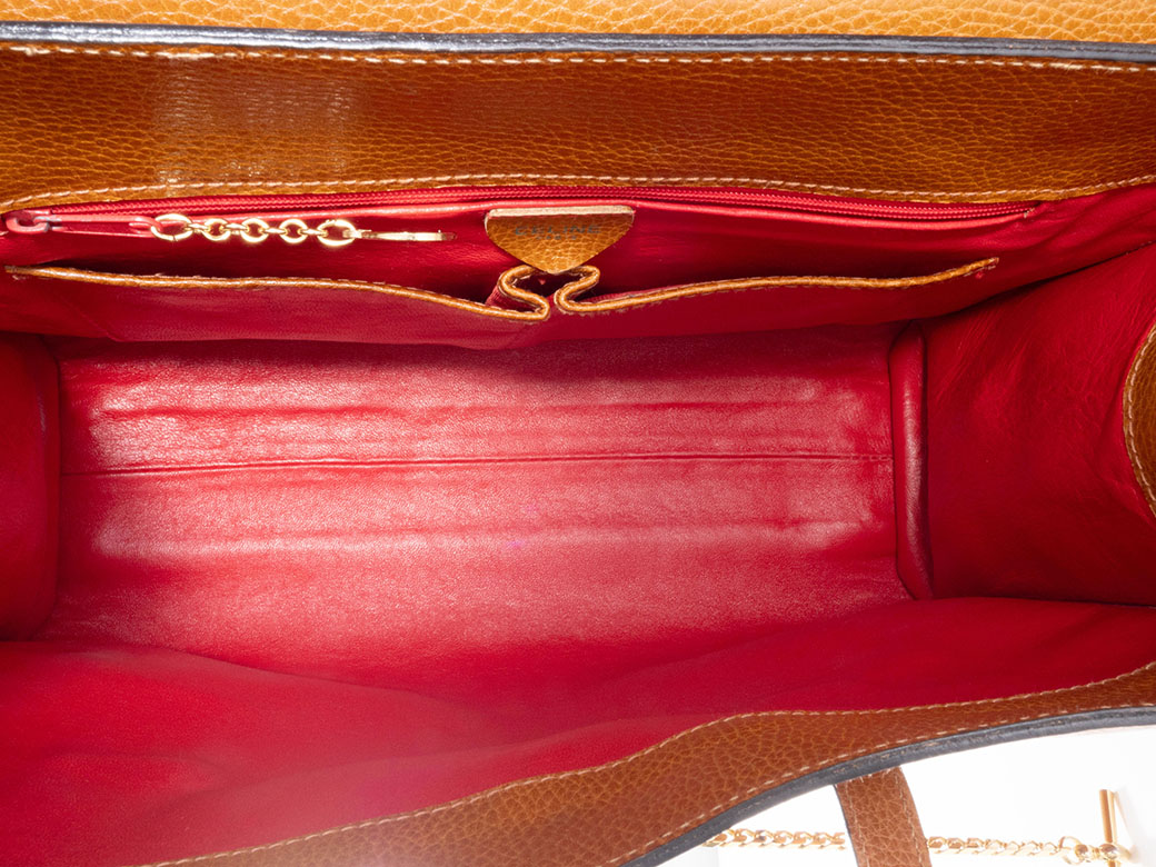 美品 CELINE オールドセリーヌ ハンドバッグ レザー チェーン セリーヌ チェーンロック ハンドバッグ F/09 レザー ブラウン