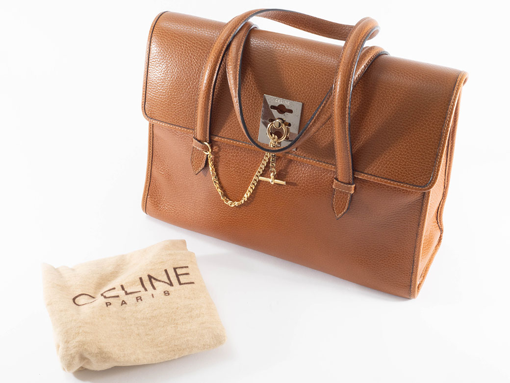 セリーヌ チェーンロック ハンドバッグ F/09 レザー ブラウン