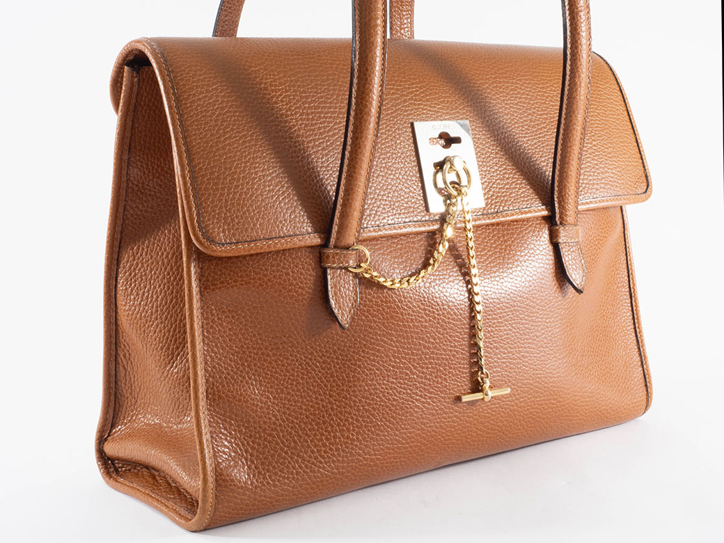 セリーヌ チェーンロック ハンドバッグ F/09 レザー ブラウン