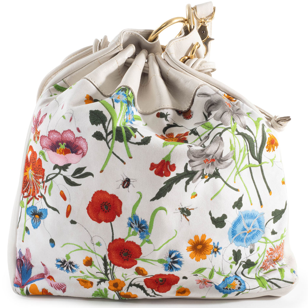 グッチ フローラ 花柄 巾着 ショルダーバッグ レザー キャンバス