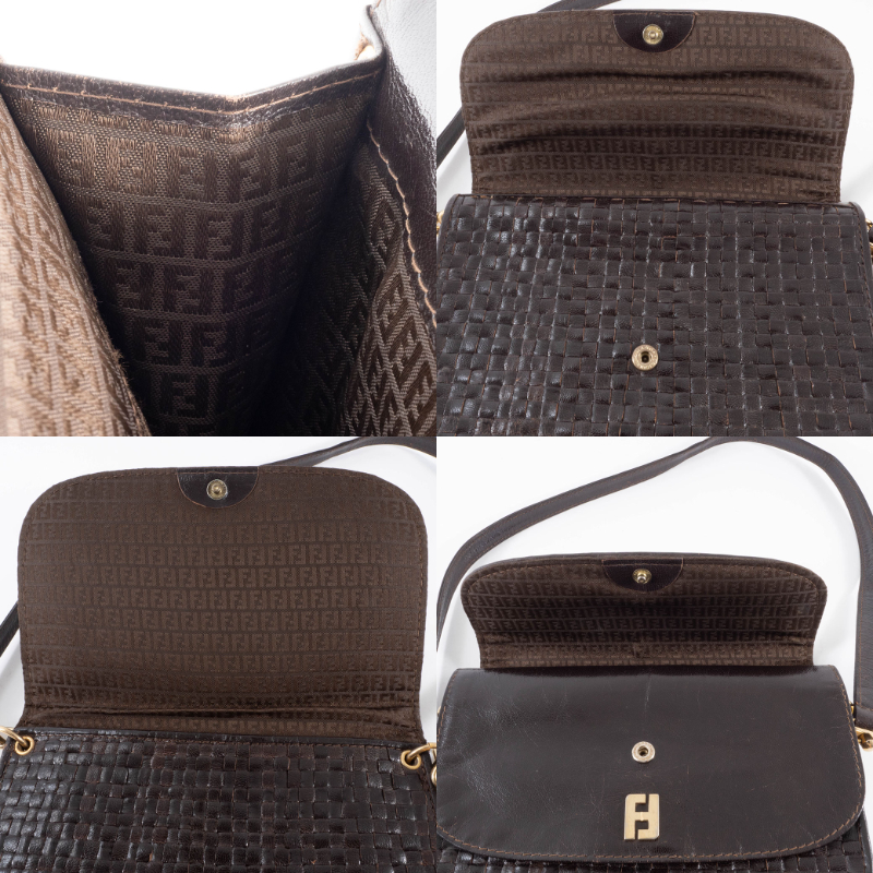 フェンディ 編み込みレザー ショルダーバッグ ブラウン レディース