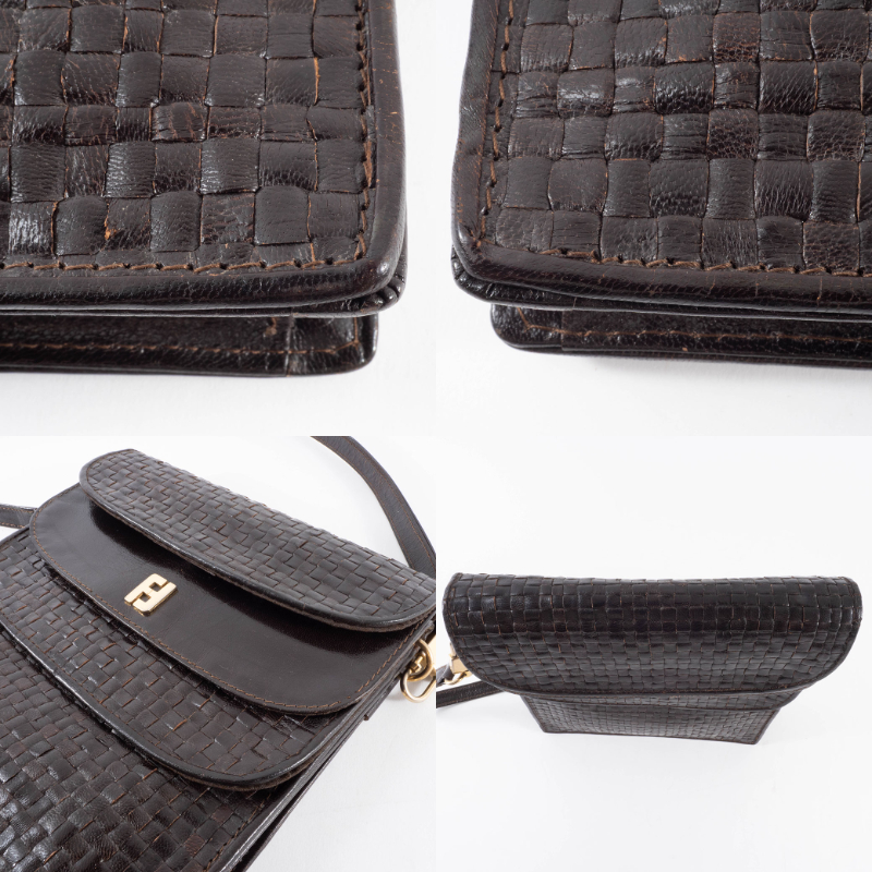 FENDI 編み込み レザー ショルダーバッグ フェンディ 編み込みレザー ショルダーバッグ ブラウン レディース