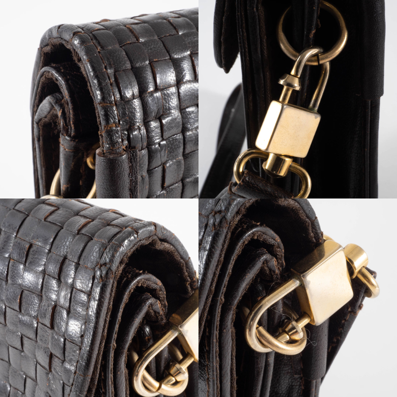 フェンディ 編み込みレザー ショルダーバッグ ブラウン レディース