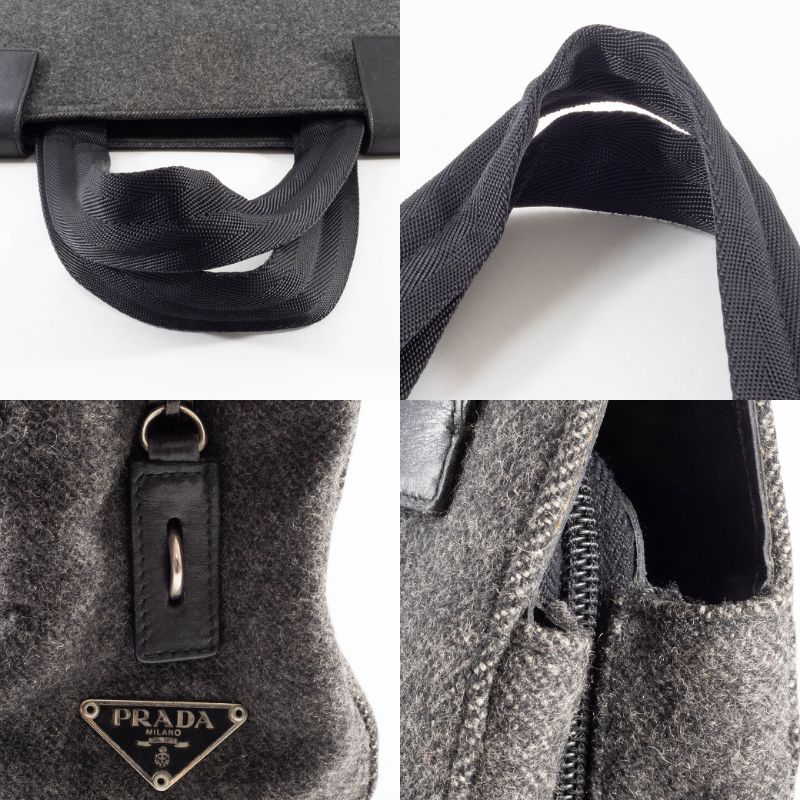 本物 ■プラダ■ウール トート ブラック グレー ショルダートートバッグ ハンド プラダ フェルト ハンドバッグ ウールxレザー グレー レディース 2気室
