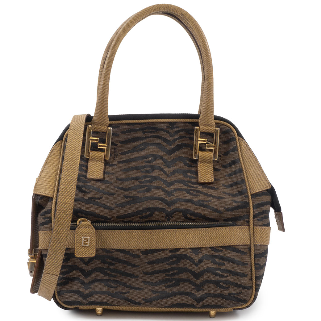 本物 フェンディ FENDI ゼブラ柄 2WAY ショルダーバッグ ハンドバッグ ポシェット キャンバス ブラウン バッグ 中古・ FENDI（フェンディ） バッグ ゼブラ柄 2way ショルダーバッグ