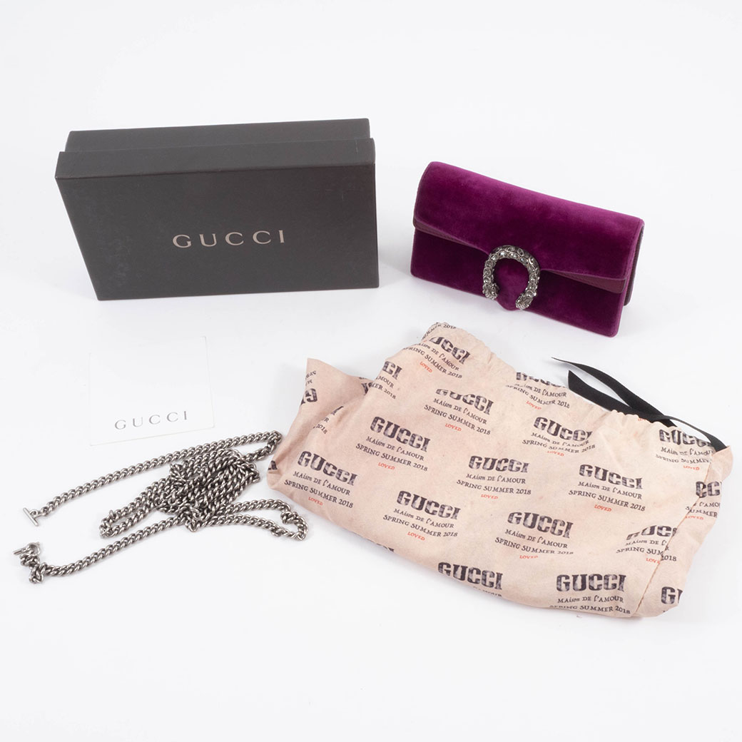 極美品　37　GUCCI　グッチ　デュオニソス　ベロア　チェーン　ミニ　パープル Gucci Velvet Super Mini Dionysus Shoulder Bag Fuchsia Violet