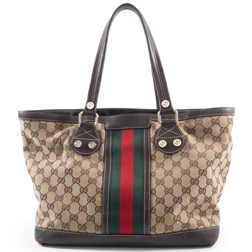 GUＣＣI トートバッグ ブラウン/グリーン/レッド GG グッチ バッグ 緑 赤 中古 トート レディース GGキャンバス 232973