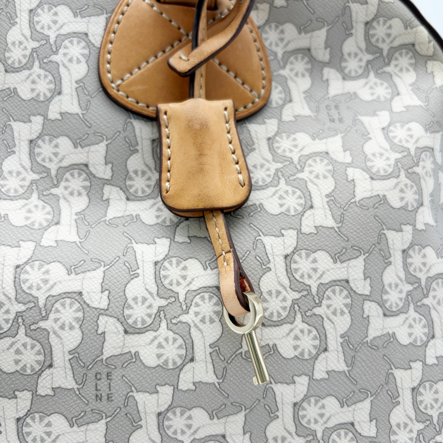 CELINE セリーヌ ヴィンテージ ミニボストンバッグ サルキー柄 PVC セリーヌ サルキー ハンドバッグ WC-ST-0058 PVCxレザー グレーx