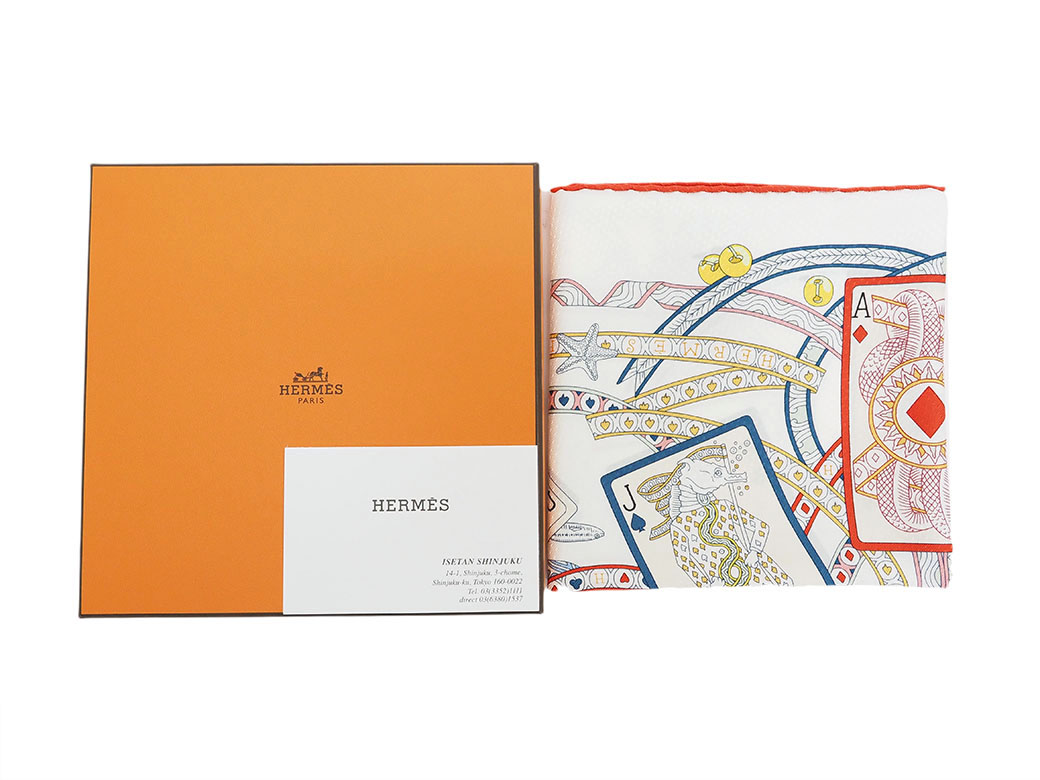【未使用保管品】HERMES エルメス スカーフ カレ70 トランプ 白 赤 エルメス スカーフ カレ70 ティータイム オレンジ 箱 タグ