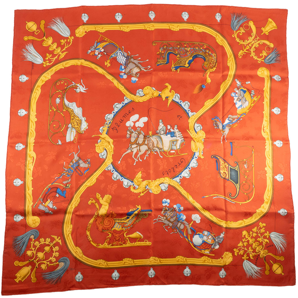 HERMES（エルメス） スカーフ カレ90 柄 オレンジ 羽飾りと鈴 Plumes