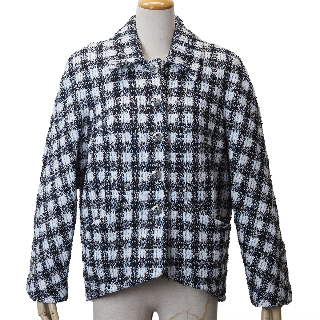 シャネル コットン ツイード ジャケット 服 ホワイトxブラックx