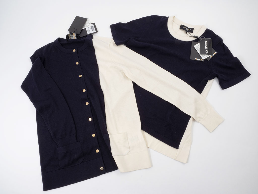PAULE KAポールカ●カーディガン＆半袖ニット●アンサンブルセットアップＳ ポールカ アンサンブルニット ネイビーxホワイト S レディース