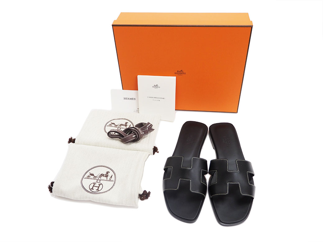 未使用 エルメス HERMES オラン サンダル 38(24.5cm) ブラック 黒 