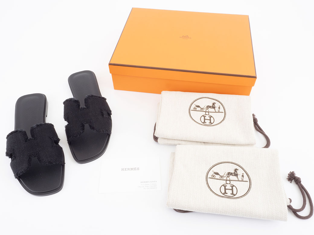 おしゃれなリネン素材★HERMES★サンダル オラン エルメス サンダル オラン 靴 ミュール リネン ブラック