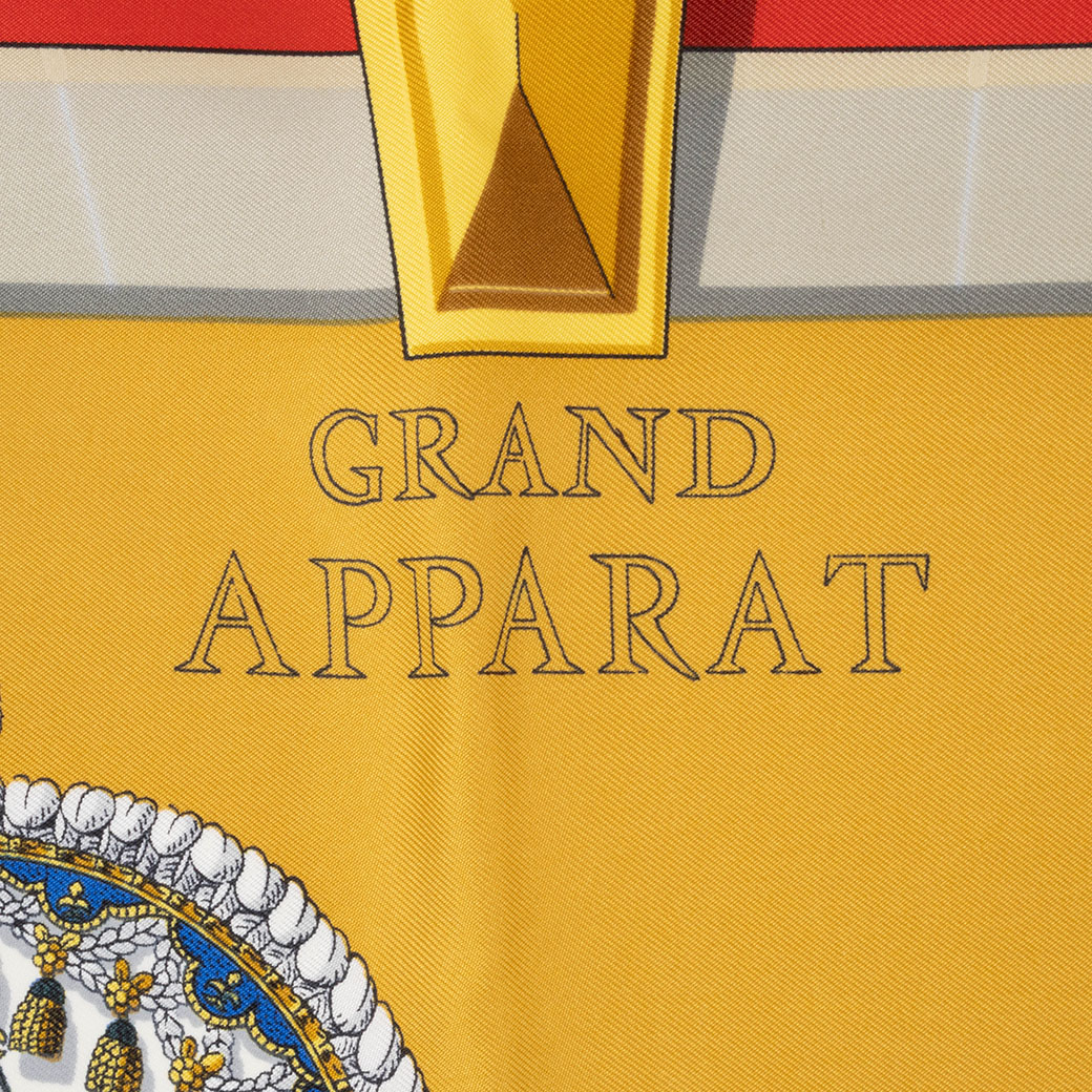 エルメス スカーフ カレ90 馬柄 オレンジ 中古 盛装の馬 GRAND APPARAT スカーフ 正方形 シルク マルチカラー 白馬 赤黒黄 HERMES_7
