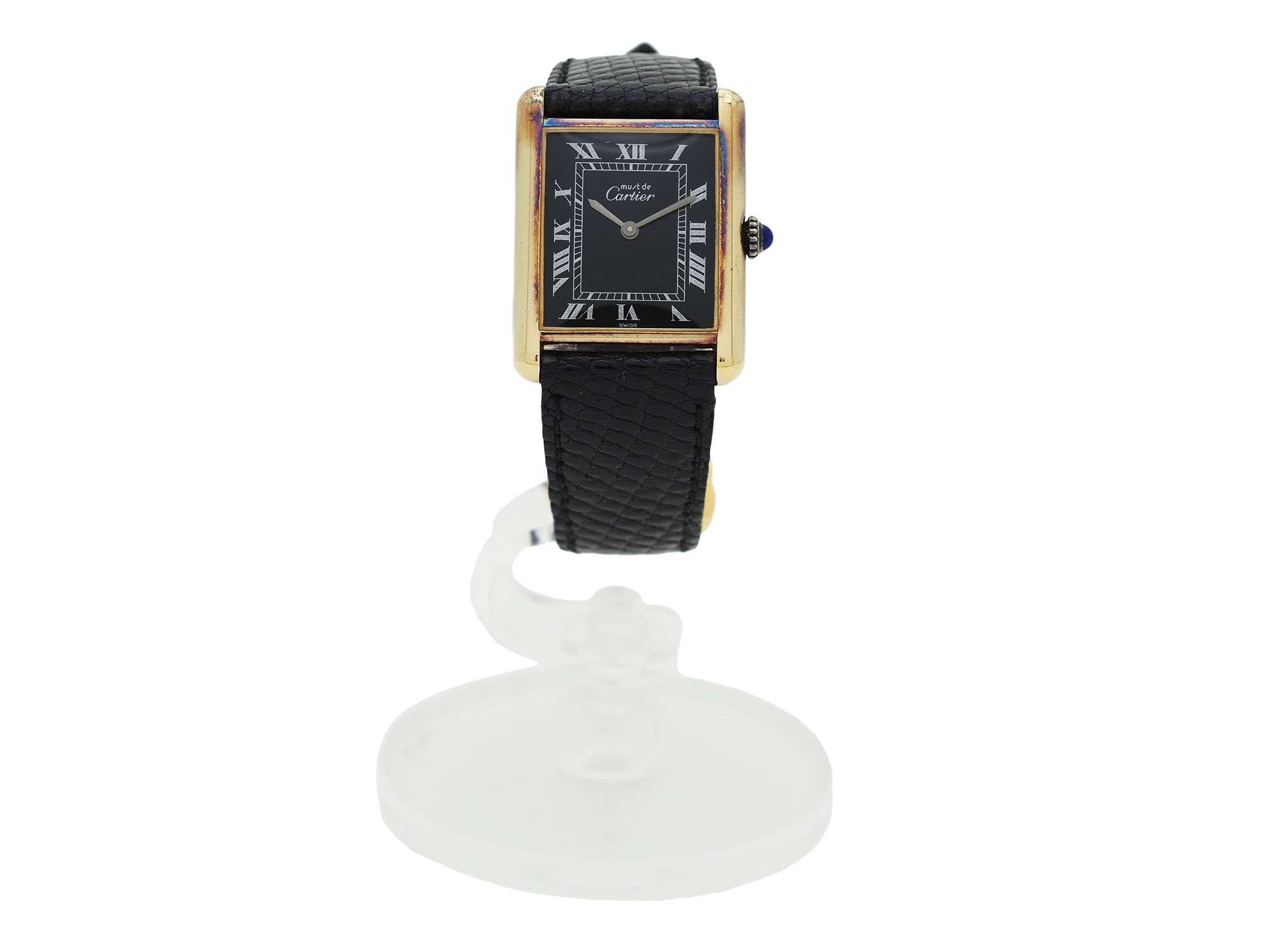 カルティエ マストタンクLM 腕時計 シルバー925xブラック ゴールド 革ベルト ブラック文字盤 レディース 自動巻き メンズ Cartier 中古