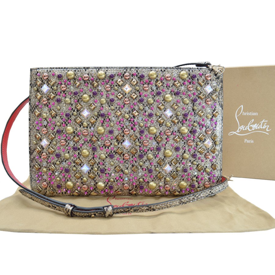 クリスチャンルブタン Christian Louboutin バッグ ゴールドｘブラウンｘピンク パイソンレザーｘ金属素材 定番人気 ブランド買うならブランドオフ