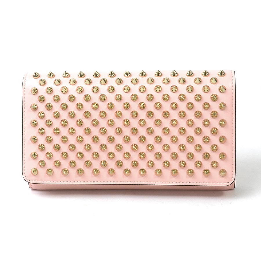 クリスチャンルブタン Christian Louboutin 高級 長財布 レザーx金属素材 ピンクxゴールド 美品