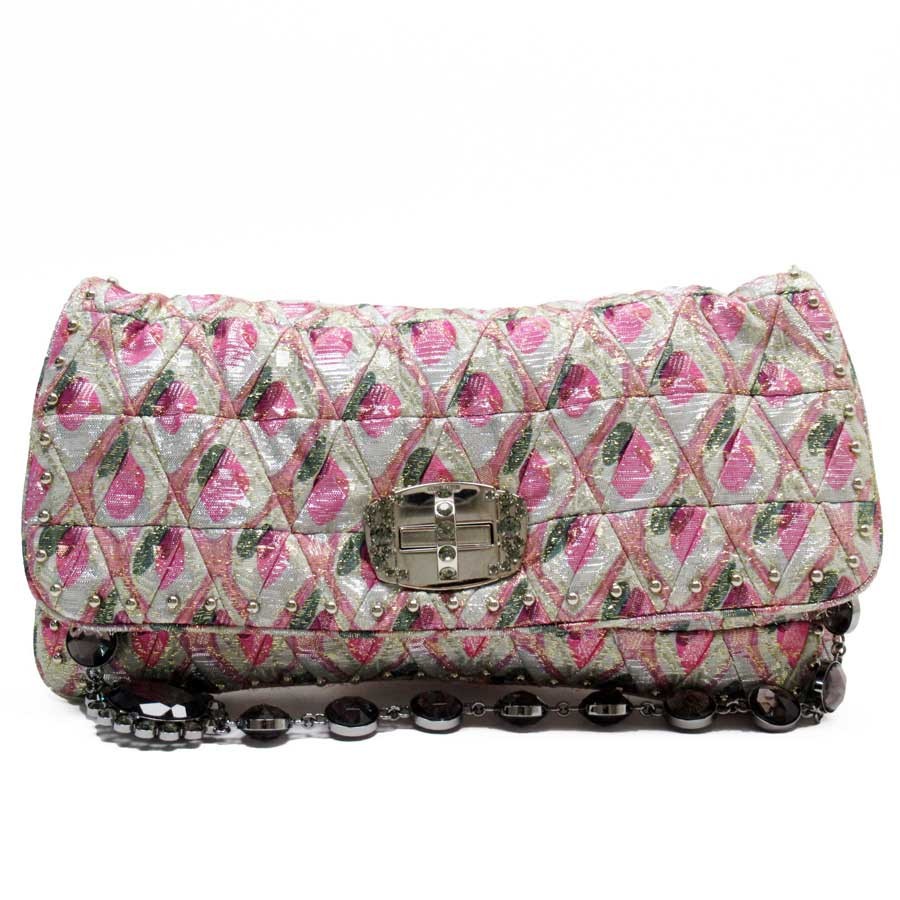 ミュウミュウ Miumiu ショルダーバッグ 公式ストア クラッチバッグ 繊維素材xビジュー 2wayバッグ 定番人気 ピンク Xグレーxシルバーxゴールド