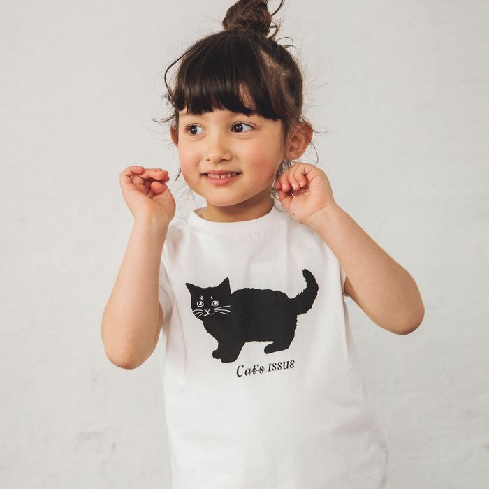 【Cat&apos;s ISSUE】黒ネコプリントフレンチスリーブTシャツ 半袖 カットソー クルーネックトッ...