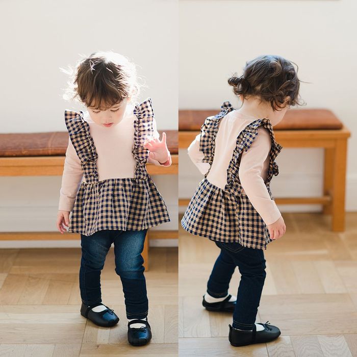 スーパービューティー 女の子プリント ギンガムチェック切り替え ロングTシャツ 大人気定番商品 スーパービューティー ギンガムチェック切り替え