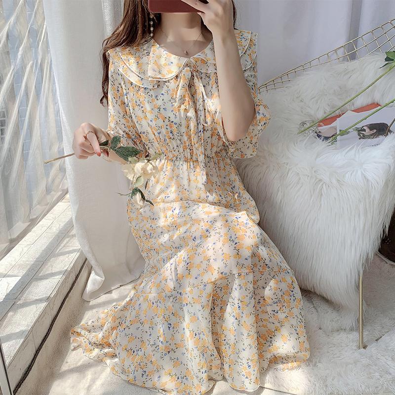 ワンピース レディース 花柄 シフォンワンピース ロング丈 フレア Aライン 半袖 ビッグカラー |  | 02