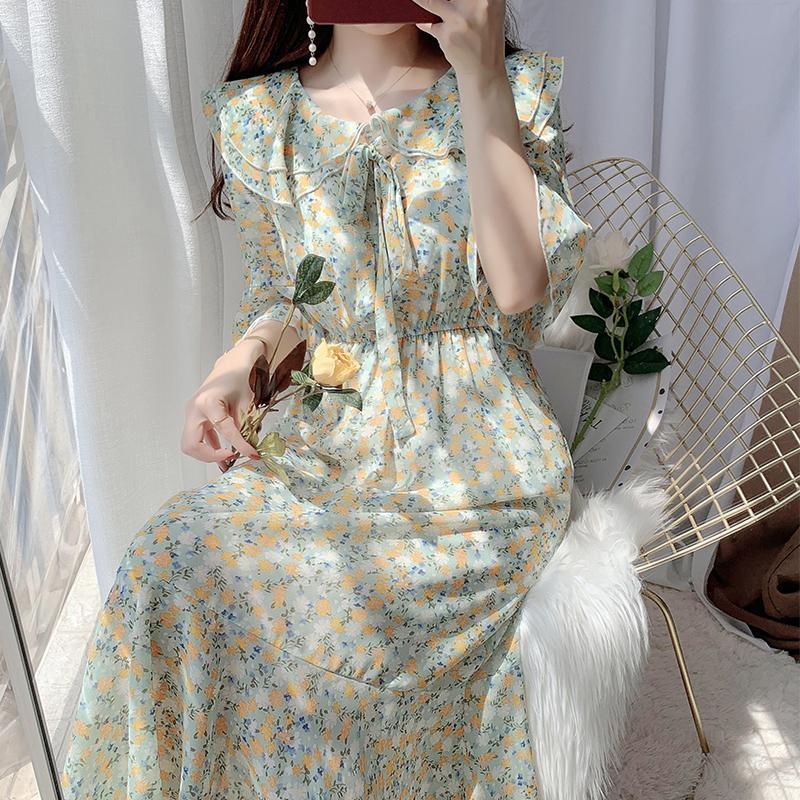 ワンピース レディース 花柄 シフォンワンピース ロング丈 フレア Aライン 半袖 ビッグカラー |  | 03