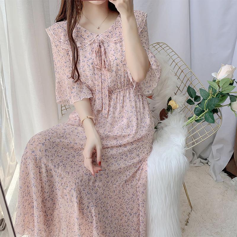 ワンピース レディース 花柄 シフォンワンピース ロング丈 フレア Aライン 半袖 ビッグカラー |  | 01