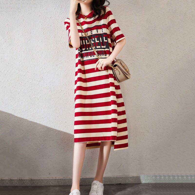 Tシャツワンピース ワンピース レディース ボーダー ロゴ入り カットソー スリット クルーネック 膝丈 |  | 01