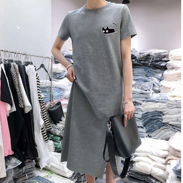 Tシャツワンピース ワンピース レディース ロング 半袖 スリット カットソー 猫 ネコ 大きいサイズ 丸首 |  | 01