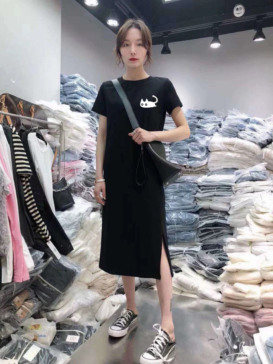 Tシャツワンピース ワンピース レディース ロング 半袖 スリット カットソー 猫 ネコ 大きいサイズ 丸首 |  | 02
