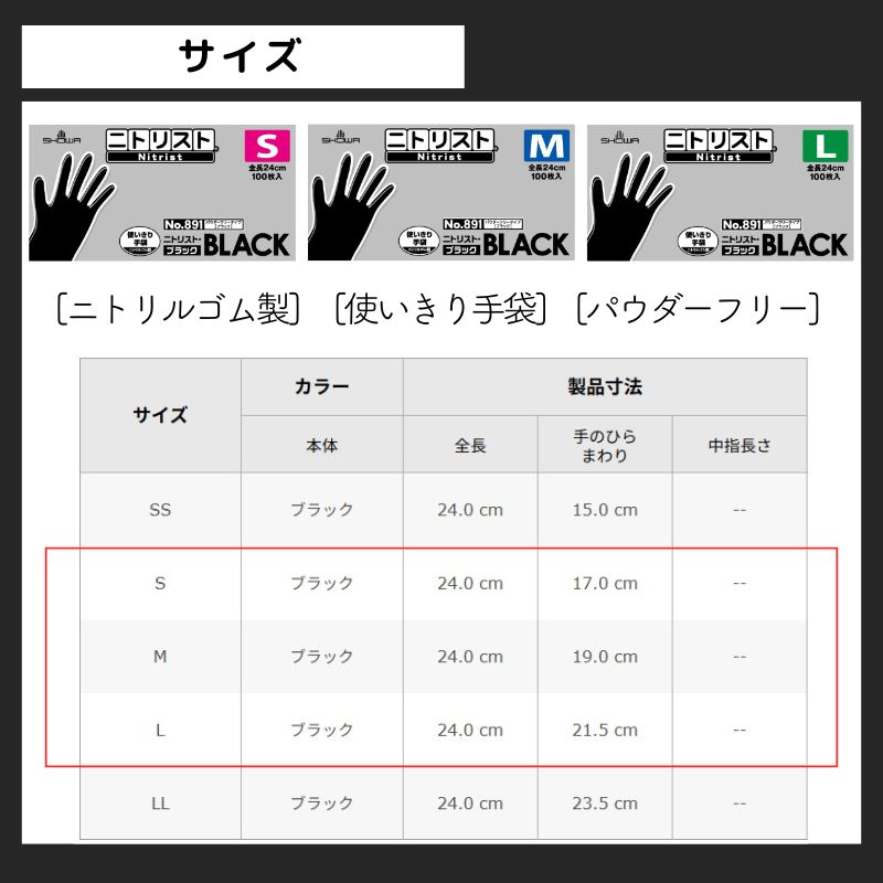 ショーワ ニトリスト ブラック ニトリルゴム製 使いきり グローブ 黒 No.891 100枚入 S・M・L パウダーフリー 粉なし カラーリング 食品 弁当 美容師 理容師 | ショーワグローブ | 07