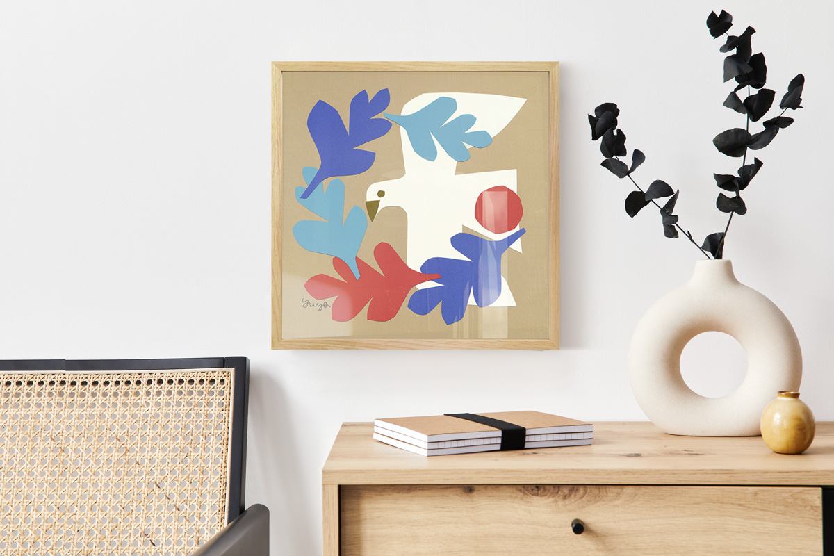 額縁付き YUYA「白い鳥が飛ぶ」切り絵作家 アートポスター 天然木