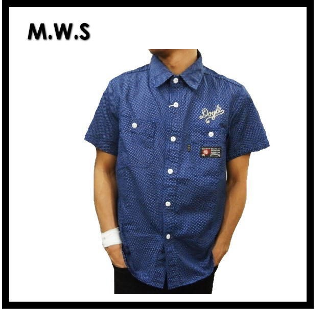 MWS/エムダブルエス シャツ 1515000 「MOTOR OIL」インディゴウォバッシュ・ドット柄・半袖ワークシャツ