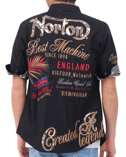 新品　L ノートン Norton メンズ 綿麻混合 6分袖シャツ 接触冷感　襟付 ノートン Norton 5分袖シャツ 192N1504 刺繍 リゾート リーフ 綿