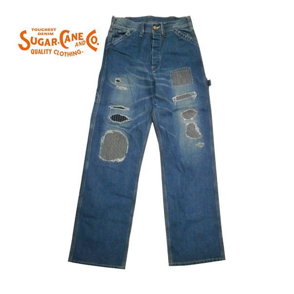 【初回限定お試し価格】 CANE SUGAR シュガーケーン ジーンズ ワークパンツ ブルーデニム 11oz ユーズド＆クラッシュリペア加工  SC41822R ペインターパンツ ワーク、ペインターパンツ サイズ:34(86cm)