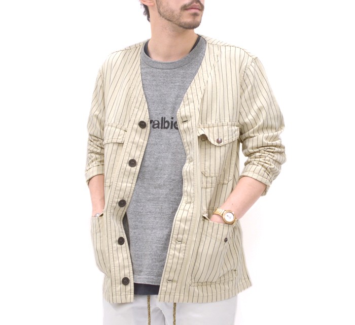 GOHEMP（ゴーヘンプ） NO COLLAR JACKET/PIN STRIPE HERRINGBONE