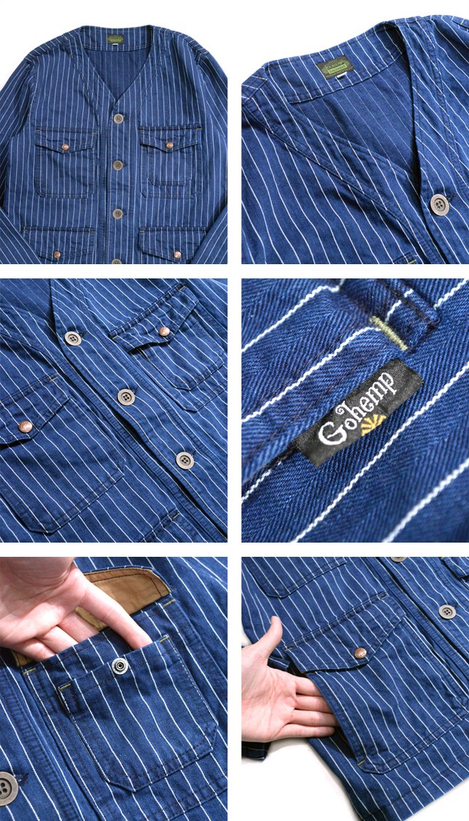 GO HEMP ゴーヘンプ NO COLLAR JACKET/PIN STRIPE HERRINGBONEの説明