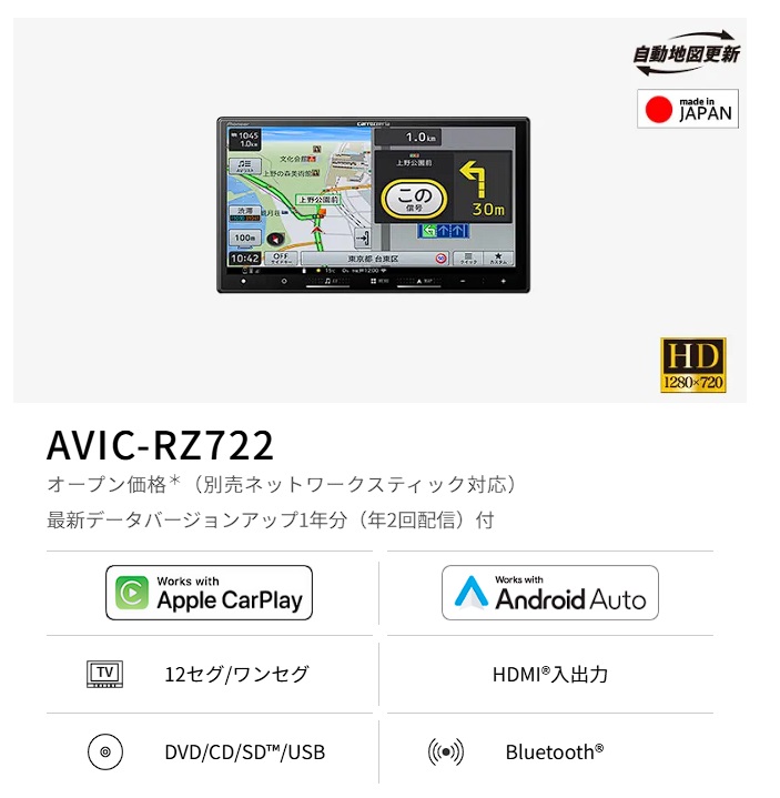 楽ナビ　AVIC-RZ722 リアモニター　セット 楽ナビ 【6点セット販売】AVIC-RZ722＋ハイエース200系用キット一式