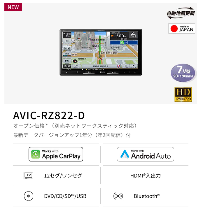楽ナビ 【6点セット販売】AVIC-RZ822-D（AVIC-RZ722の廉価版）＋