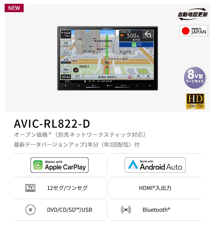 楽ナビ 【2点セット販売】 AVIC-RL822-D(AVIC-RL722の廉価版) ＋