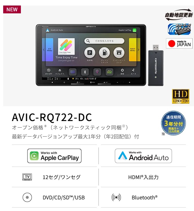楽ナビ 【ネット1年無料付4点セット販売】 AVIC-RQ722-DC＋センター