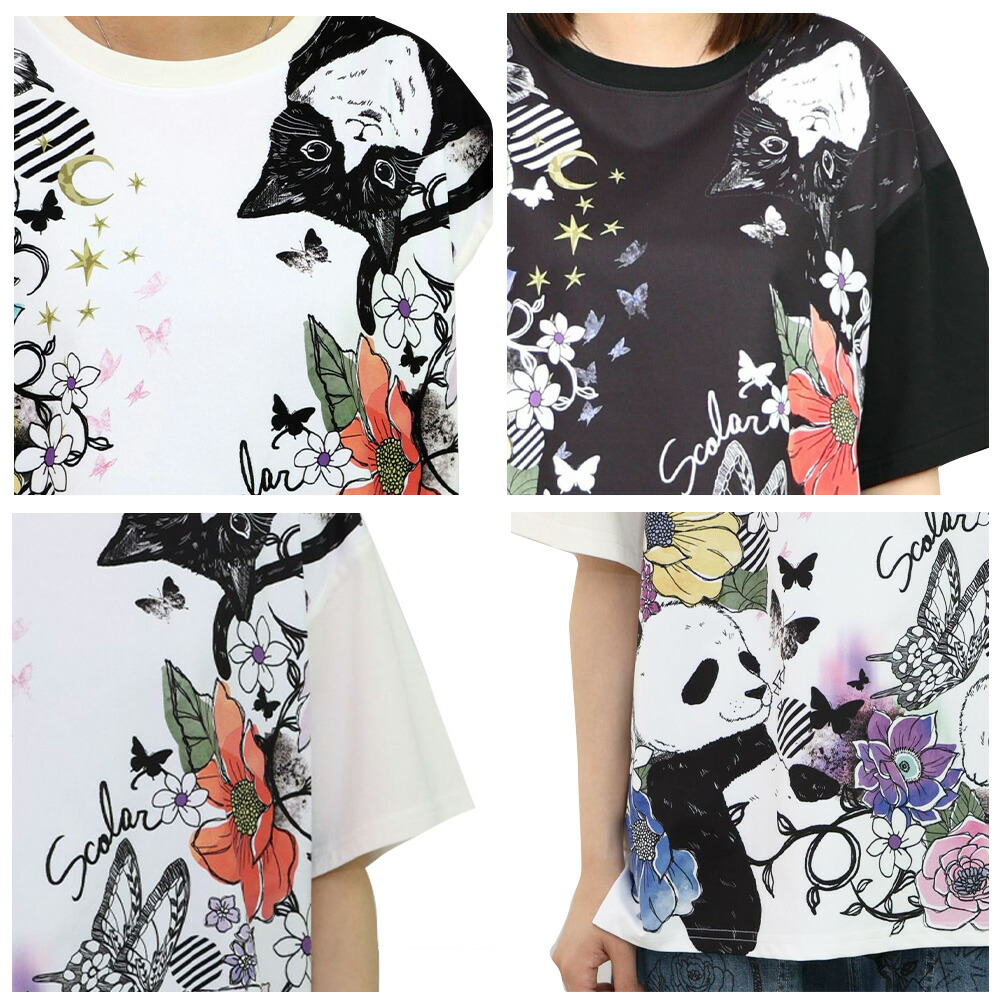 Tシャツ ScoLar スカラー 152712 アニマル蝶花柄Tシャツ トップス カジュアル レトロ 原宿系 個性的 ポイント スカラー scolar 新作 トップス Tシャツ アニマル蝶花柄Tシャツ