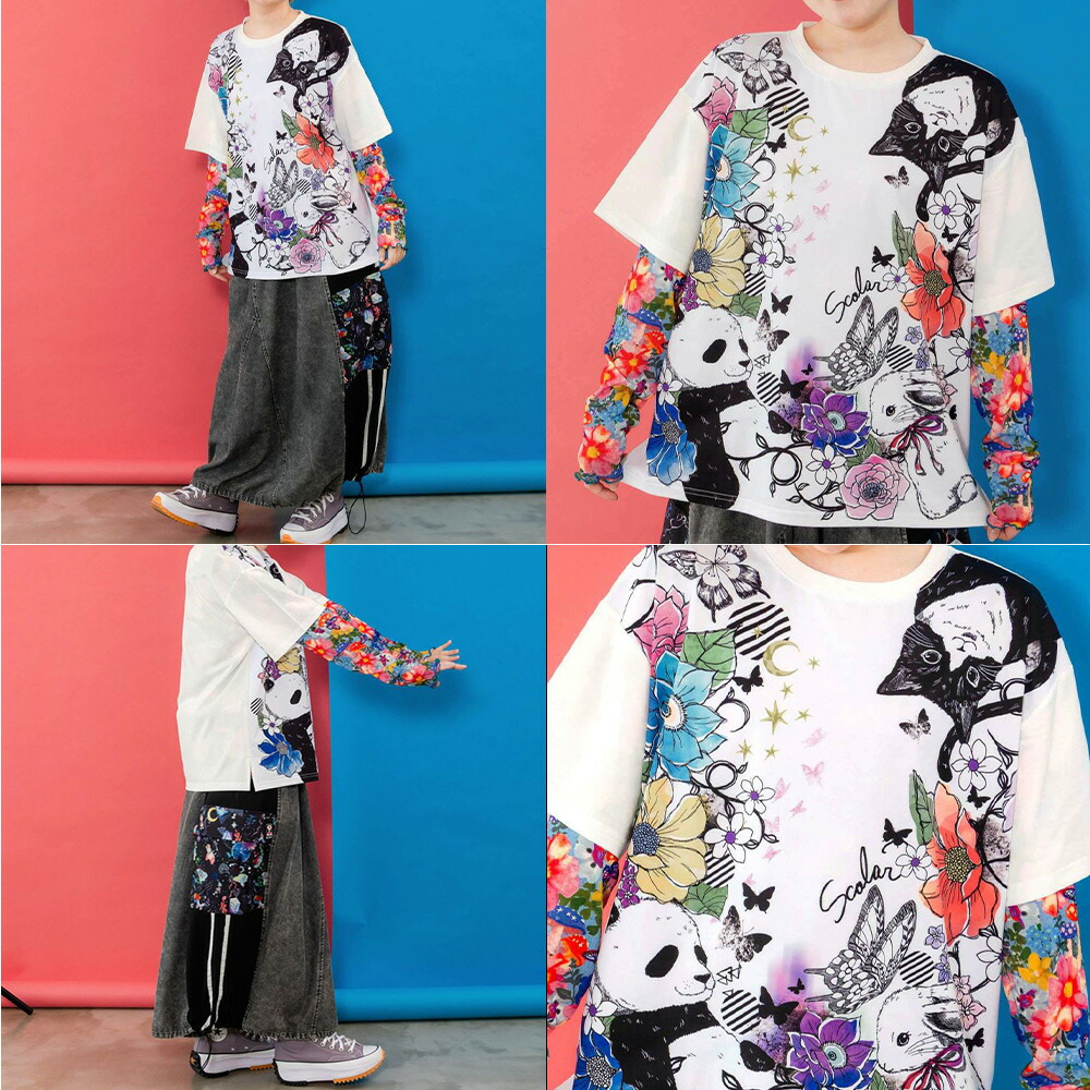 Tシャツ ScoLar スカラー 152712 アニマル蝶花柄Tシャツ トップス カジュアル レトロ 原宿系 個性的 ポイント スカラー scolar 新作 トップス Tシャツ アニマル蝶花柄Tシャツ
