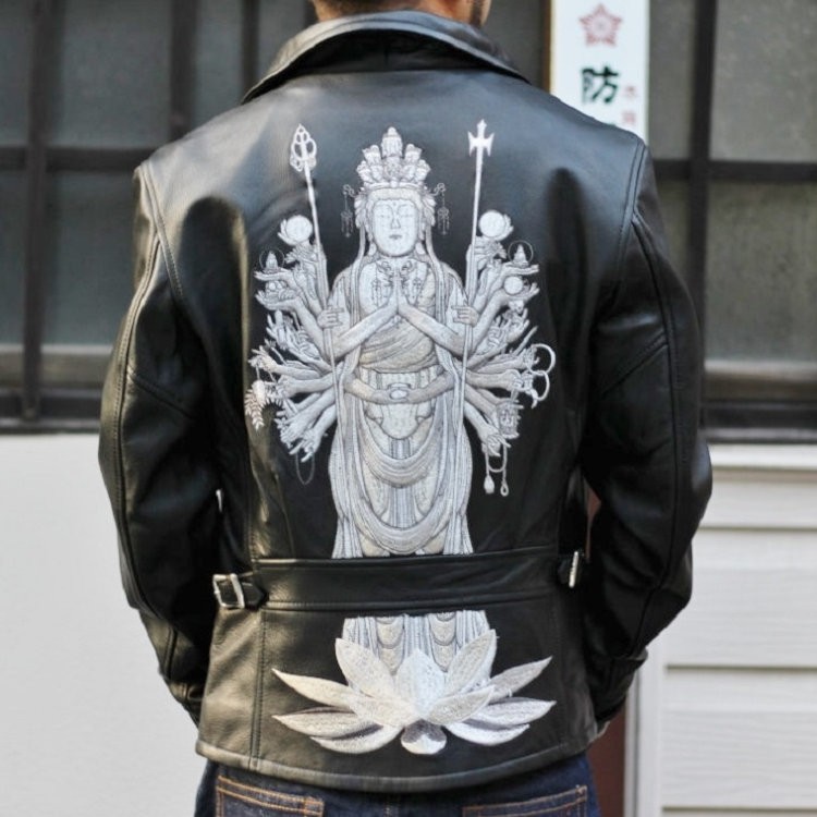 花旅楽団　　レザー　ライダースジャケット　革ジャン 花旅楽団[ﾊﾅﾀﾋﾞｶﾞｸﾀﾞﾝ] レザーライダースジャケット 千手観音