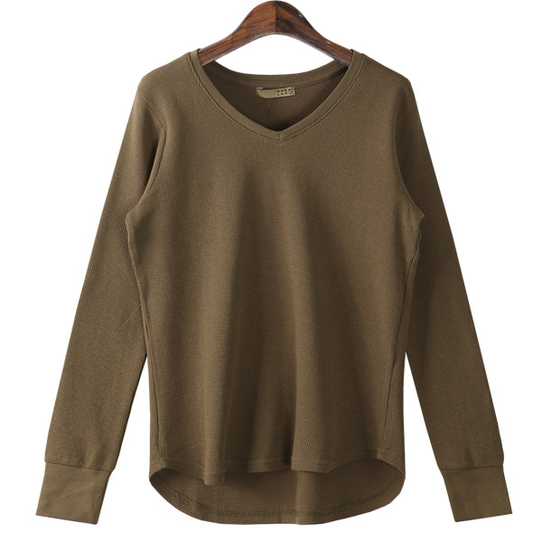 Tシャツ　カットソー　レディース　ワッフル　 Vネック コットン シンプル 綿100%　大きいサイズ　【M】【L】【LL】【3L】【4L】　長袖　新作 |  | 02