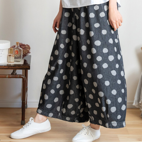 パンツ デニム  ジーンズ  レディース　バルーンパンツ　ドット　ボールパンツ　綿　　ワイドパンツ　ゆるスタイル　ウエストゴム　タック　サーカス　ゆったり |  | 02