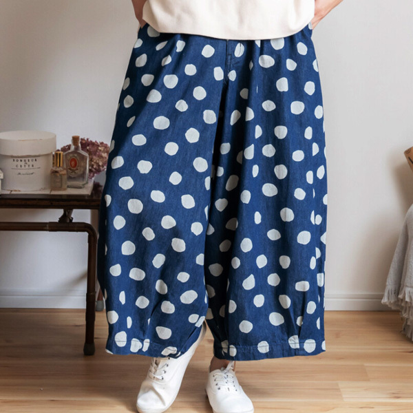 パンツ デニム  ジーンズ  レディース　バルーンパンツ　ドット　ボールパンツ　綿　　ワイドパンツ　ゆるスタイル　ウエストゴム　タック　サーカス　ゆったり |  | 01