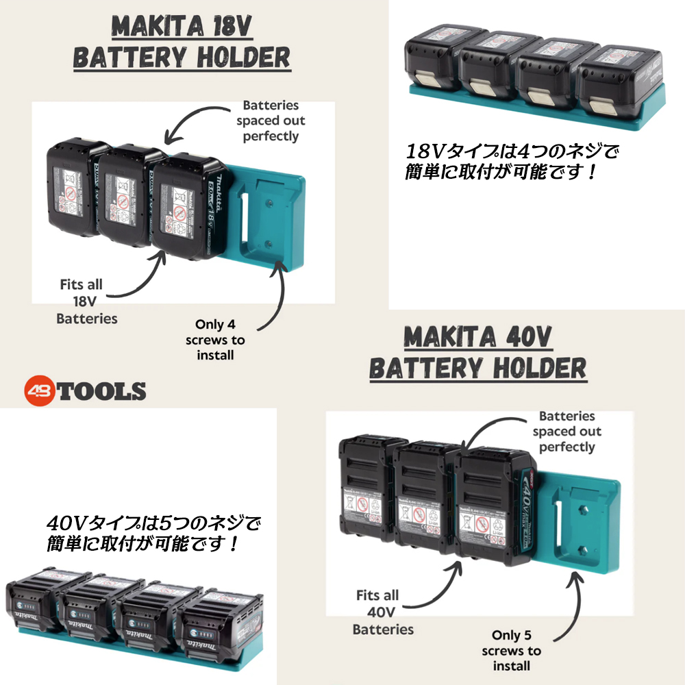48 TOOLS バッテリーホルダー 4個用 耐熱ABS樹脂 オーストラリア 18V